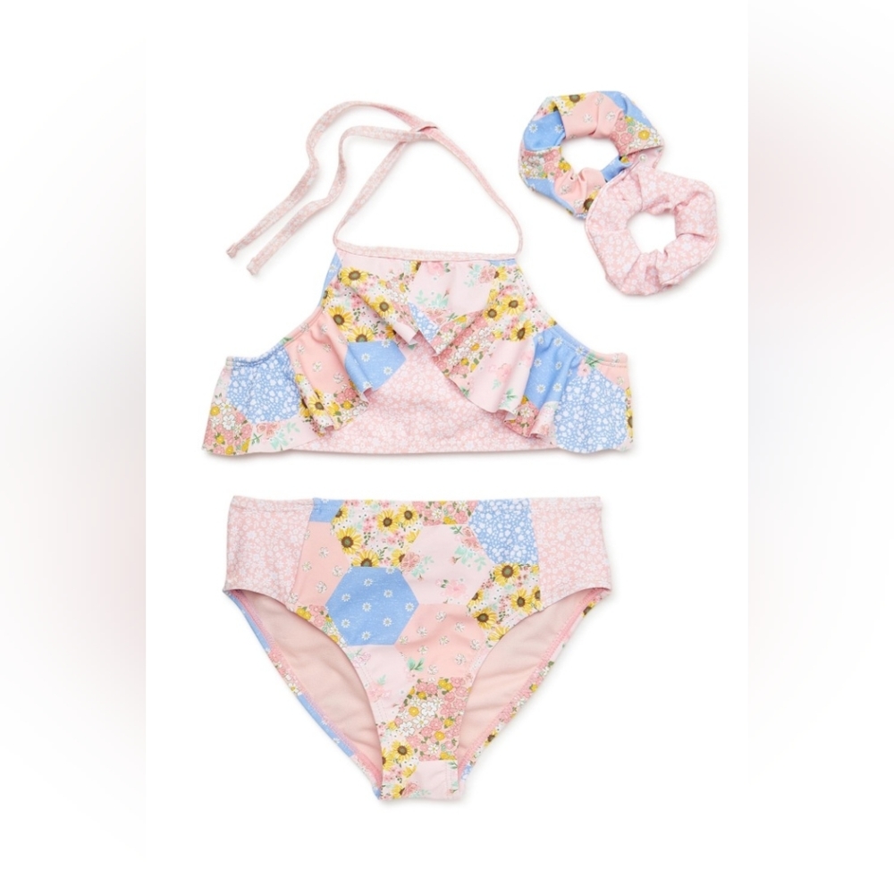 Bmagical Girls Patchwork Ruffle Bikini with 2 Hair Scrunchies, 2-Piece Size 3T